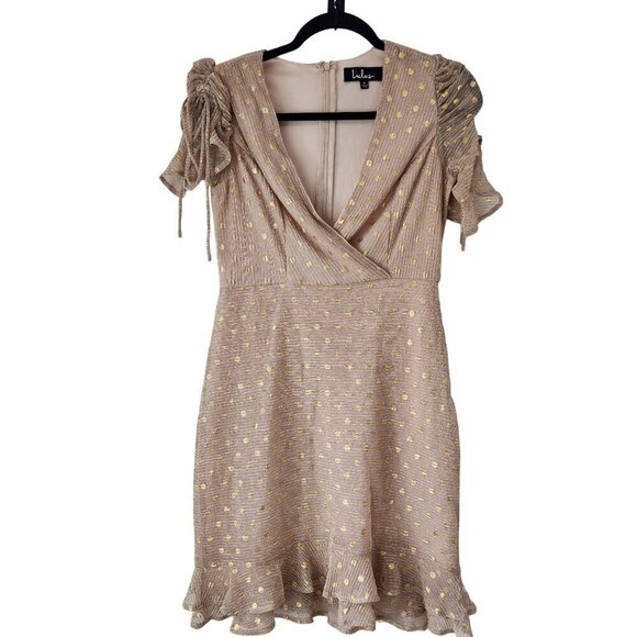 Lulus Top Model Pink and Gold Polka Dot Ruffled Dress New Years Eve Women's S - Picture 2 of 9
